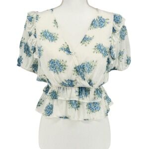Promesa Blue Floral Clip Dot Ruffle Surplice Top White Size Small NWT Feminine